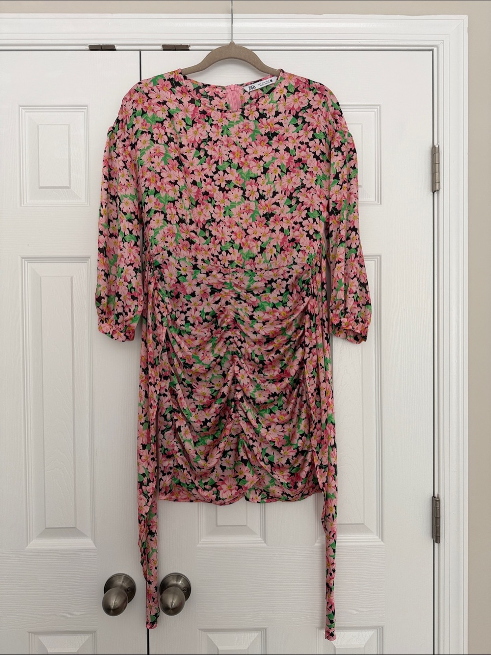 Zara Pink Floral Mini Dress with Green Leaf Accents